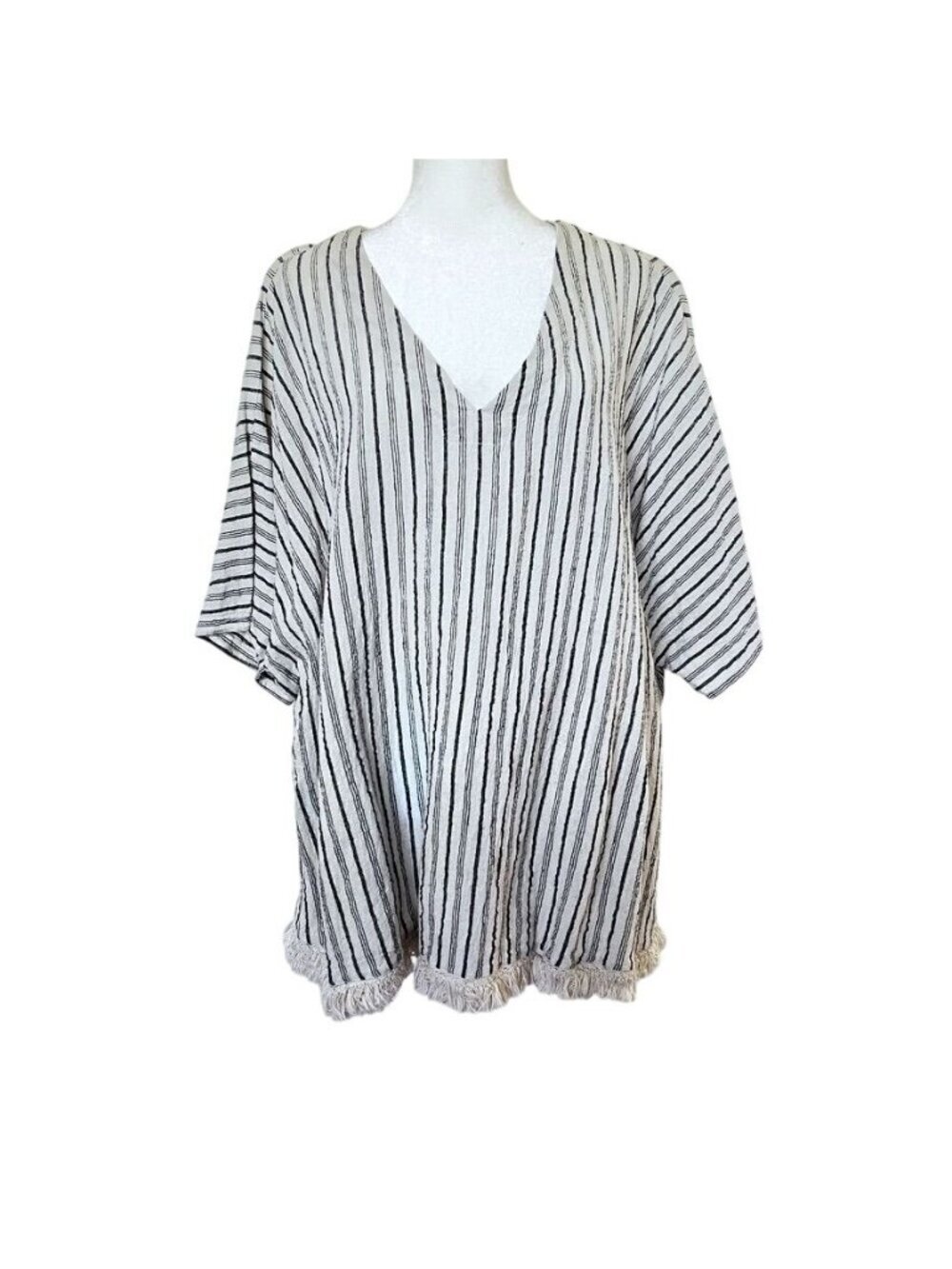 Lagenlook Womens Sz L Tunic Fringe Oversized Boho Earthy Granola Neutral Beachy - Picture 2 of 12